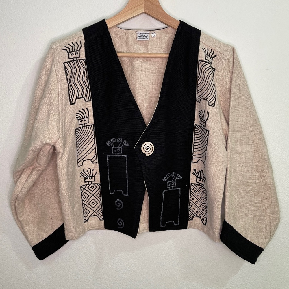 Vintage-Inspired Beige & Black Embroidered Blazer Jacket